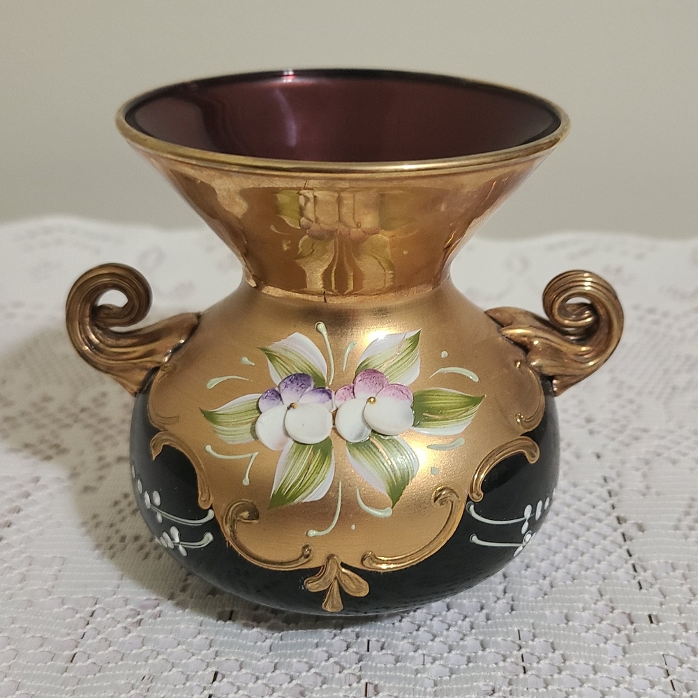 Vintage Czech Bohemian Art Glass Trophy Vase Purple & Gold Enamel Floral Design